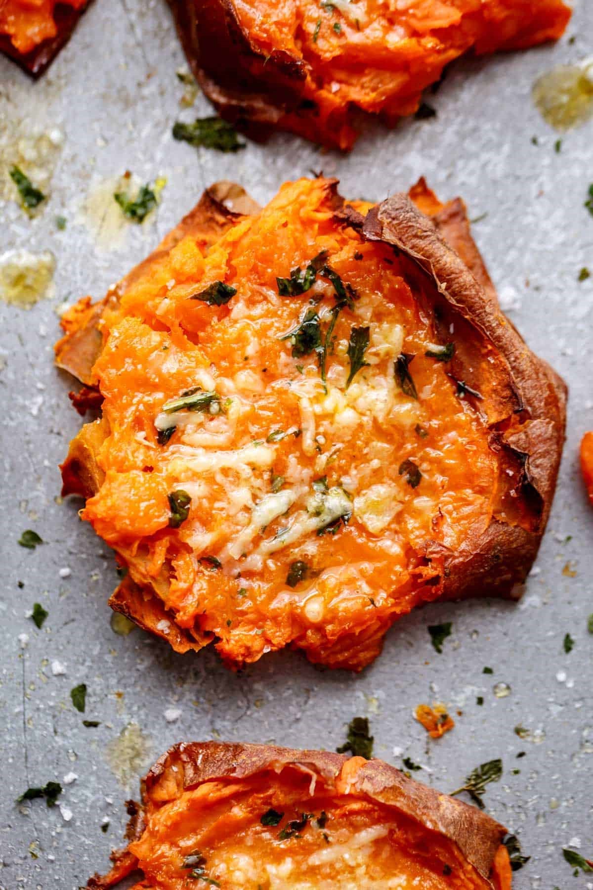 Garlic Butter Smashed Sweet Potatoes With Parmesan Cheese Recipe ...